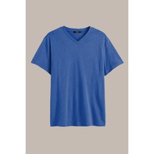 Mmetalic Metalıc Erkek İndigo Pamuklu Kısa Kollu V Yaka T-Shirt