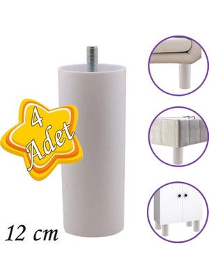 Glaswen 4 Adet Silindir Destek Ayağı 12 cm Beyaz Sert Plastik Gizli Mobilya Kanepe Baza Koltuk Dolap Sehpa Tv Ünitesi Ayağı