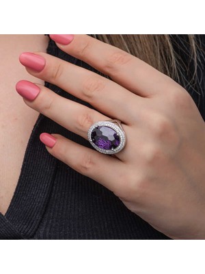 Gumush Gümüş Ametist Taşlı  Kadın Yüzük