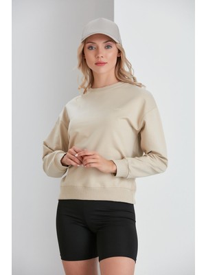 Nurneva Bisiklet Yaka Iki Iplik Basic Sweatshirt Bej