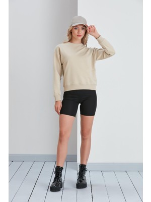 Nurneva Bisiklet Yaka Iki Iplik Basic Sweatshirt Bej