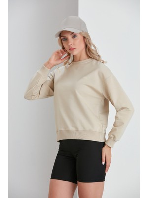 Nurneva Bisiklet Yaka Iki Iplik Basic Sweatshirt Bej