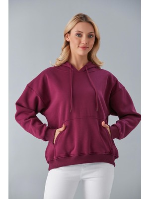 Nurneva Oversize Kapüşonlu Üç Iplik Sweatshirt Mor