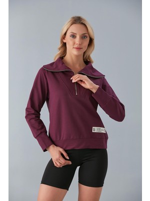 Nurneva Yarım Fermuarlı Iki Iplik Sweatshirt Mor