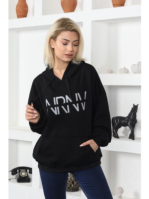 Nurneva Nrnv Baskılı Kapüşonlu Üç Iplik Sweatshirt Siyah