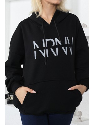 Nurneva Nrnv Baskılı Kapüşonlu Üç Iplik Sweatshirt Siyah