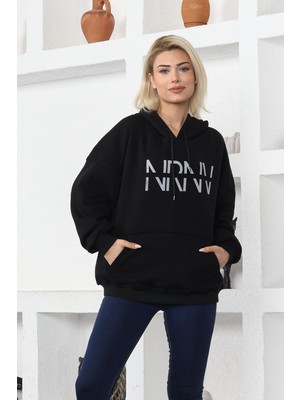 Nurneva Nrnv Baskılı Kapüşonlu Üç Iplik Sweatshirt Siyah