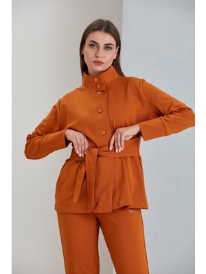 Nurneva Beli Kuşaklı Iki Iplik Sweatshirt Ceket Tütün