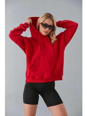 Nurneva Oversize Kapüşonlu Üç Iplik Sweatshirt Kırmızı