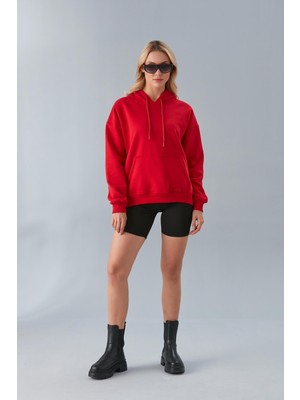 Nurneva Oversize Kapüşonlu Üç Iplik Sweatshirt Kırmızı