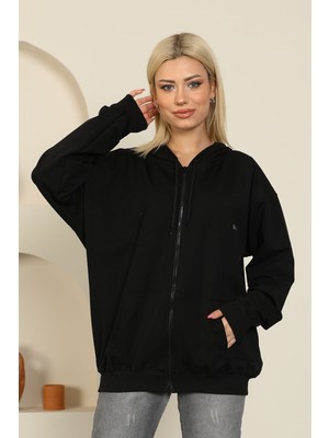 Nurneva Oversize Model Fermuarlı Sweatshirt Siyah