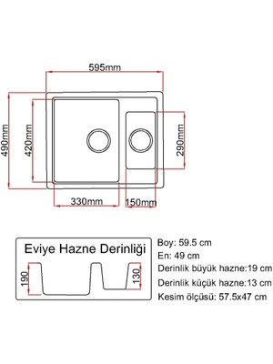 Granite Rising 1,5 Gözlü-SİYAH RENK -  60X50 cm Granit Eviye