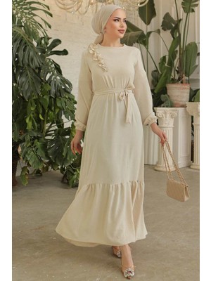 Neva Style Kemerli Bej Tesettür Elbise 659BEJ