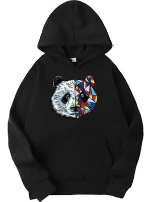 Medinenur Siyah Panda Baskılı Kapüşonlu Sweatshirt