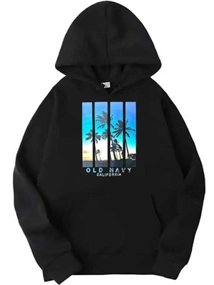 Medinenur Siyah California Palmiye Baskılı Kapüşonlu Sweatshirt