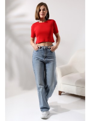 Endies Pamuklu Ribana Bisiklet Yaka Crop T-Shirt 21560 Kırmızı