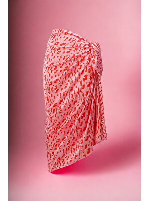 Pistore Pembe Kırmızı Geometrik Desenli Uzun Pareo Saten Iç Göstermez Kadın Plaj Elbisesi Yeni Sezon