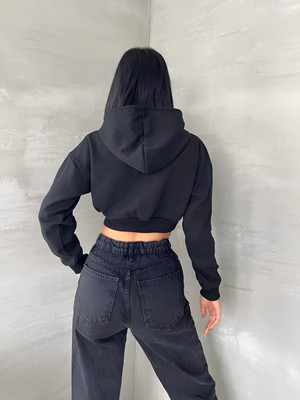 Donna Tocca Modaen Yeni Tarz Siyah Kapüşonlu Crop Sweat (Altı Lastikli)