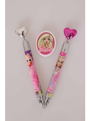 Barbie Lisanslı Barbıe Kalp Başlıklı Versatil Uçlu Kalem 0.7 mm ve Oval Silgi 2'lisi