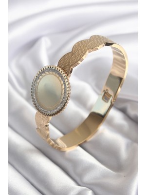 Clariss 316L Çelik Gold Renk Zirkon Taş Işleme Detay Yazı Yazılabilir Model Kadın Kelepçe