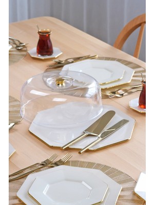 Glore Sekizgen Krem Altın Yaldızlı Cam Kek Fanusu