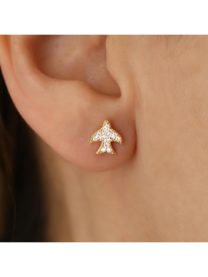 Nox Jewelry 14K Altın Kaplama Taşlı Kırlangıç Figürlü Çivi Gümüş Küpe - ES00100