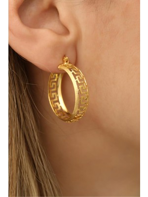 Nox Jewelry 925 Ayar Gümüş Simli Mat Grek Desenli Bombeli Halka Küpe