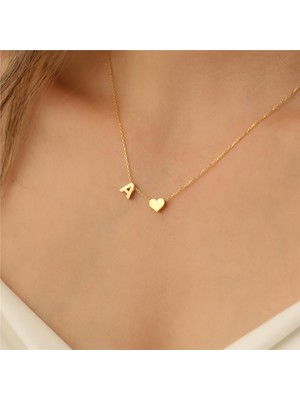 Nox Jewelry 925 Ayar Gümüş Altın Kaplama Kişiye Özel Harf ve Kalp Kolye - CN00119