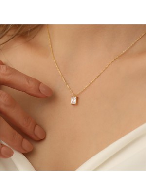 Nox Jewelry 14 Ayar Mikron Altın Kaplama Baget Kesim Nisan Doğum Taşı Kolye – Dikdörtgen Tektaş Minimal Kadın Kolye