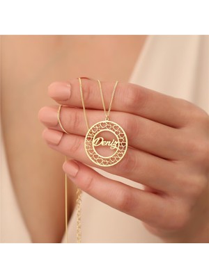 Nox Jewelry 14 Ayar Altın Mikron Kaplama Kalp Çerçeveli Yuvarlak Kişiye Özel İsim Gümüş Kolye - CN00155