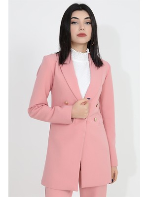 Albi Moda Omuzları Vatkalı Önü Çıtçıtlı Atlas Kumaş Kadın Blazer Ceket - Pudra