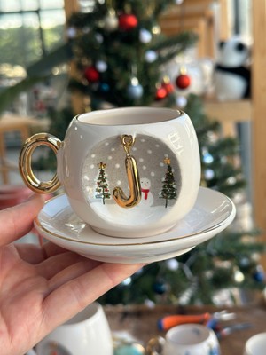 Bsk Ceramics Handmade Harfli Seramik Çay Kahve Fincan Yılbaşı Hediyelik Kupa Kardan Adam Çam Ağacı J Harfi