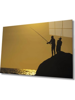 Miyrem Günbatımı  Balık Tutan  Arkadaşlar Cam Tablomıyrem110 x 70 cm-Mıyrem