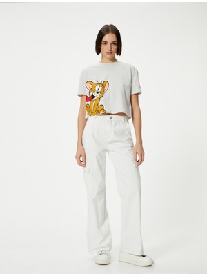 Koton Crop Tom ve Jerry Tişört Lisanslı Kısa Kollu Bisiklet Yaka Pamuklu