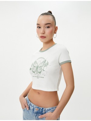 Koton Kelebekli Crop Tişört Slim Fit Biyeli Kısa Kollu Bisiklet Yaka Pamuklu