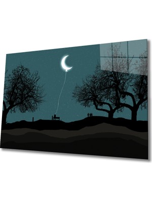 Miyrem Ay Balon Silüet Manzara  Cam Tablo 36 x 23-Mıyrem