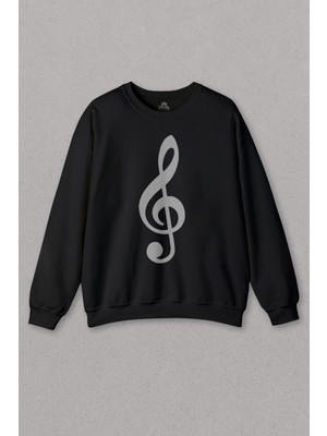 Unisex Siyah Sweatshirt Sol Anahtarı Müzik Nota Es Gitar Saz Bağlama Baskılı Sweat