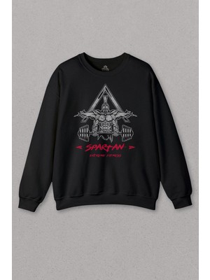 Unisex Siyah Sweatshirt Spartan Extreme Fitness Halter Gym Bodybuilding Baskılı Sweat
