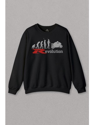 Unisex Siyah Sweatshirt Evolution Human Evrim Motosiklet Baskılı Sweat