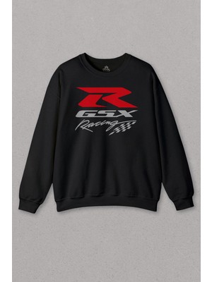 Unisex Siyah Sweatshirt Motor Motosiklet Gsx-R Racing Motorcycle Baskılı Sweat