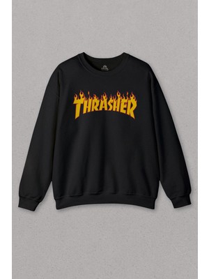 Unisex Siyah Sweatshirt Trasher Music Flame Blaze Skateboard Metal Hip Hop Baskılı Sweat