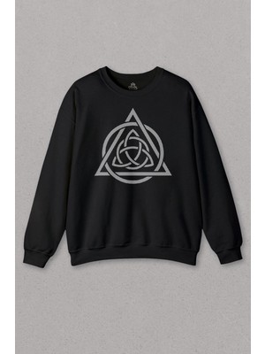 Unisex Siyah Sweatshirt Triquetra Triangle Yaşam Ölüm Yeniden Başlangıç Logo Baskılı Sweat