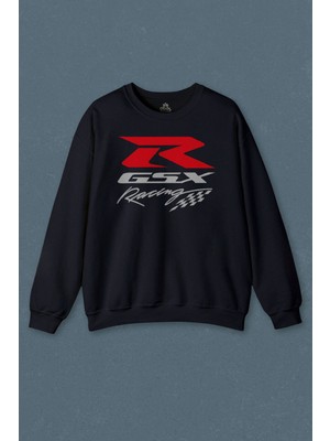 Lacivert Sweatshirt Motorsiklet Motor Gsx-R Racing Motorcycle R600 R750 Baskılı Unisex Sweat