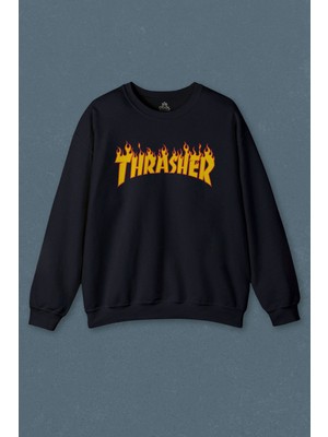 Lacivert Sweatshirt Music Trasher Flame Blaze Logo Skateboard Hip Hop Baskılı Unisex Sweat