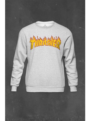 Gri Sweatshirt Music Trasher Flame Blaze Skateboard Hip Hop Baskılı Unisex Sweat