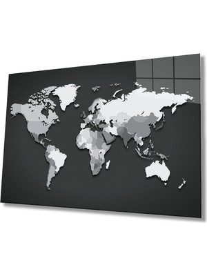 Miyrem Siyah Beyaz Dünya Haritası  Cam Tablo 36 x 23-Mıyrem