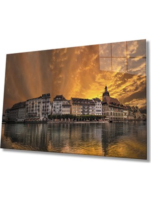 Gün Batımı Şehir Göl Cam Tablomiyremsunset City Lake Painting  36X23-MIYREM