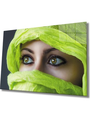 Fıstık Yeşili Peçe Yeşil Gözlü Kadın Cam Tablo  36X23-MIYREM