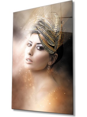 Kuş Tüğünden Saç Yıldızlar Içinde Kadın Cam Tablo  36X23-MIYREM