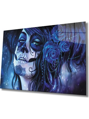 Kadınlar Ölü Yüz Kafatası Lacivert Cam Tablo Women Dead Face Skull Navy Blue 36X23-MIYREM